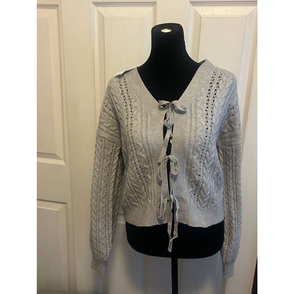 NWT Aeroposatle XS Tie-Front Cable Knit Cardigan Sweater in Light Gray F
